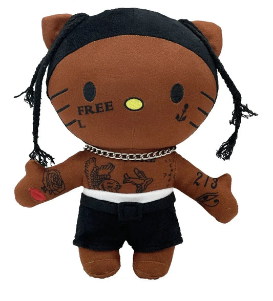 Plush toy resembling a cat with tattoos and a headband, labeled with weight and size.